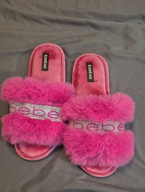 bebe Fuchsia Faux Fur Rhinestone Slide Slippers
